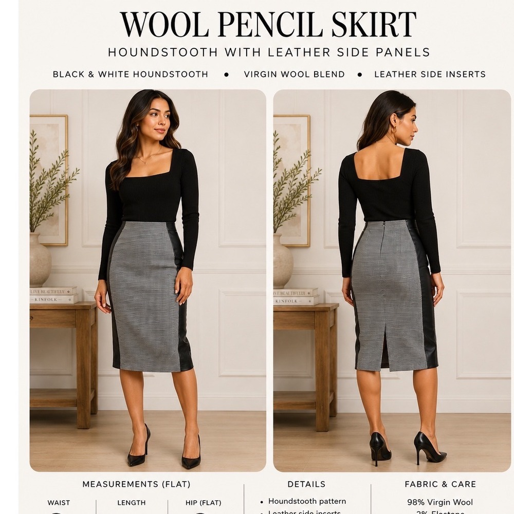 BVM Spa Virgin Wool Houndstooth Pencil Skirt Leather Trim Grey Black Size 40